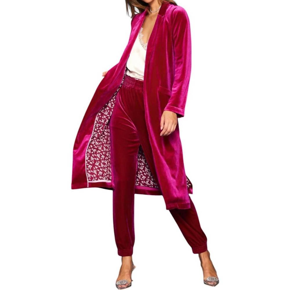 Skies Are Blue Velvet Long Duster Coat in Fuchsia